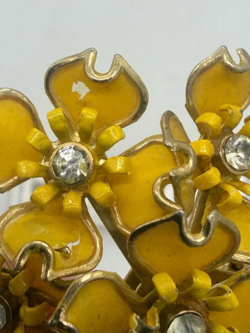 Vintage Yellow Floral Cluster Brooch Pin with Rhinestones
